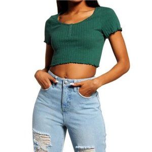 Green bp. Pointelle Rib Crop Henley Sleeve Casual Ruffle Edge Tee Shirt